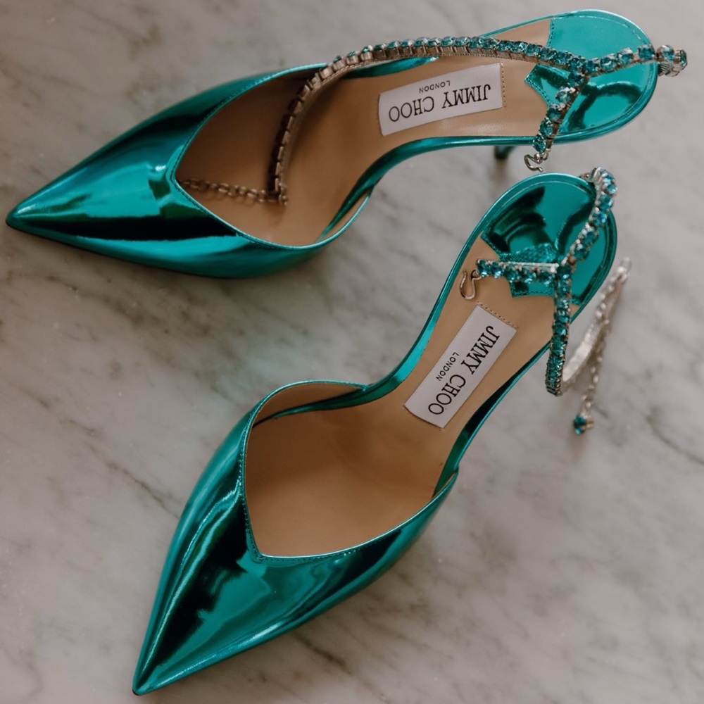Jimmy Choo Metallic Teal Pointed-Toe Heels with Crystal Ankle Chain